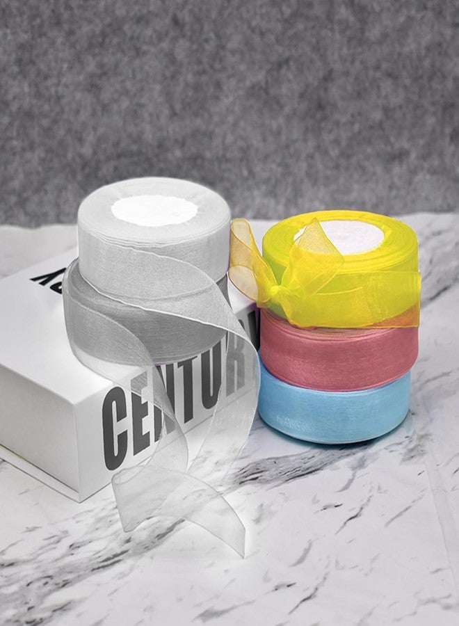 إمبرينت مجموعة شرائط أورجانزا مطبوعة، 4 لفات، 2.5 سم × 35 م لكل لفة، أزرق، أبيض، وردي، أصفر، تغليف هدايا مزخرف - Image 3